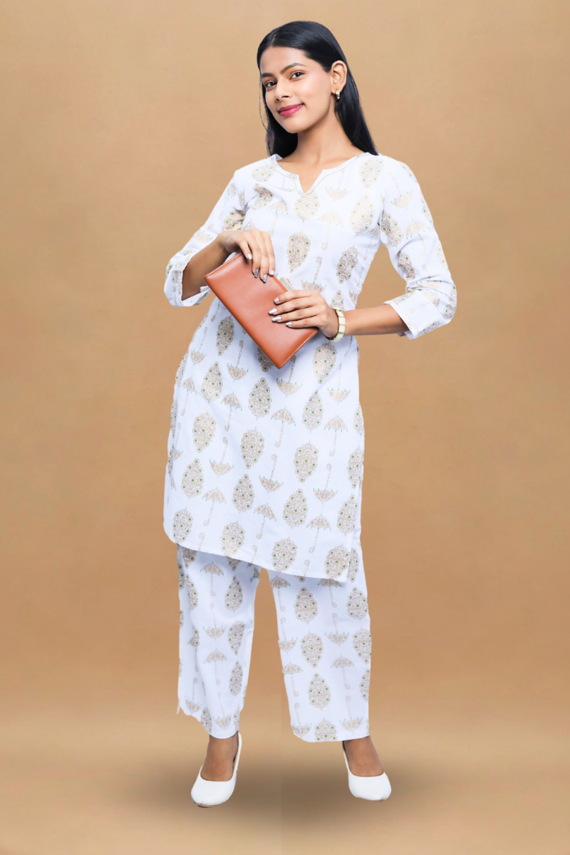White Cotton Kurta Set | Umbrella Print | 2-Piece Suit Set N Square