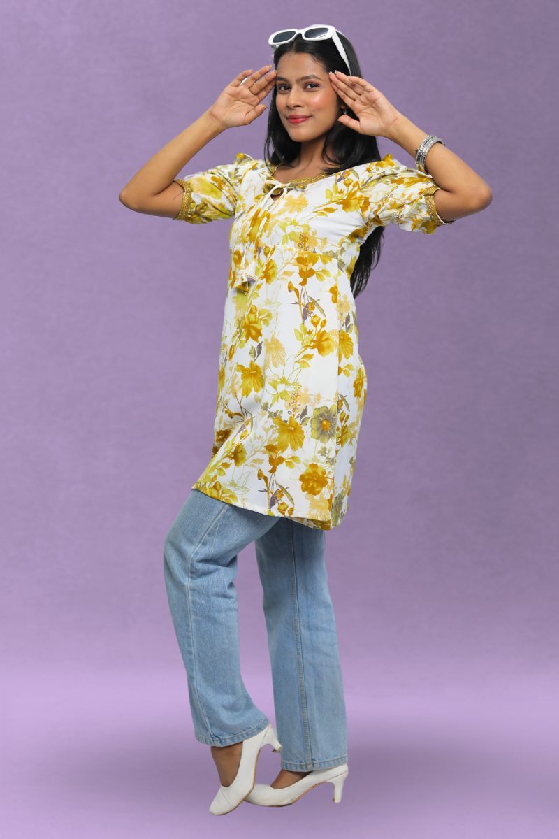 White & Yellow Floral Cotton Crop Shirt β Avaraniya N Square