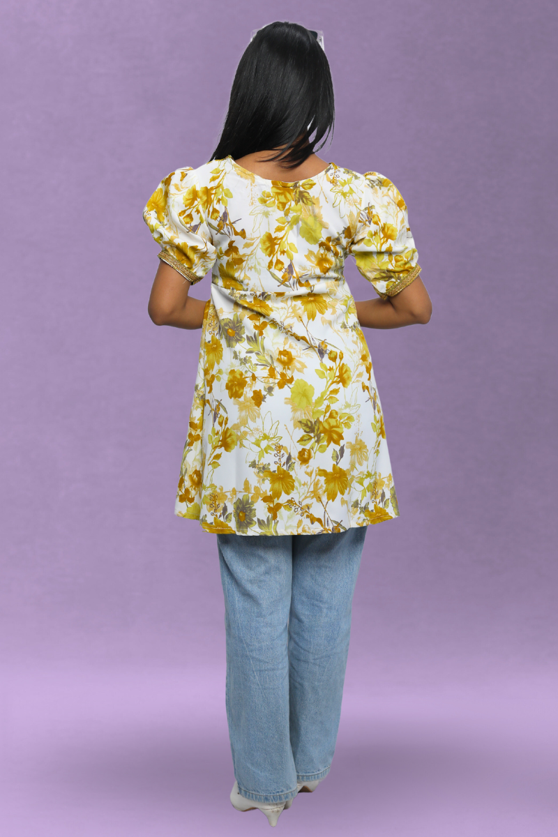 White & Yellow Floral Cotton Crop Shirt β Avaraniya N Square