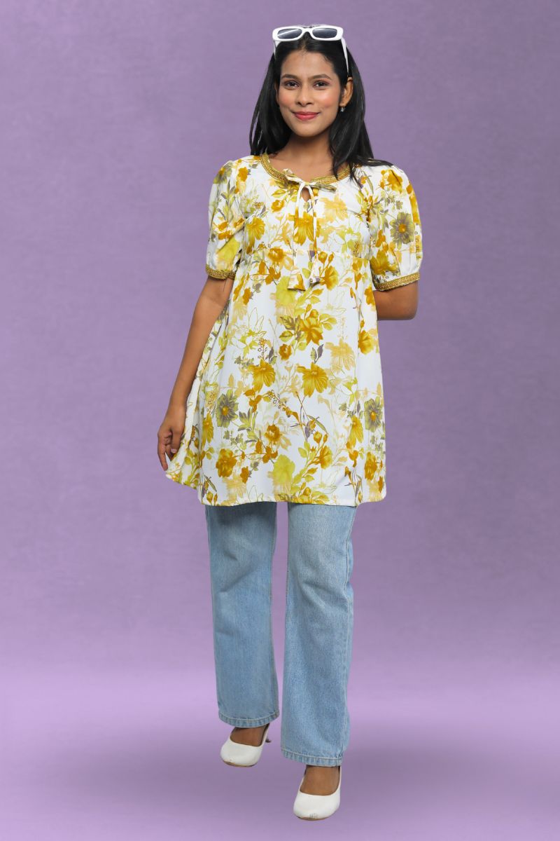 White & Yellow Floral Cotton Crop Shirt β Avaraniya N Square