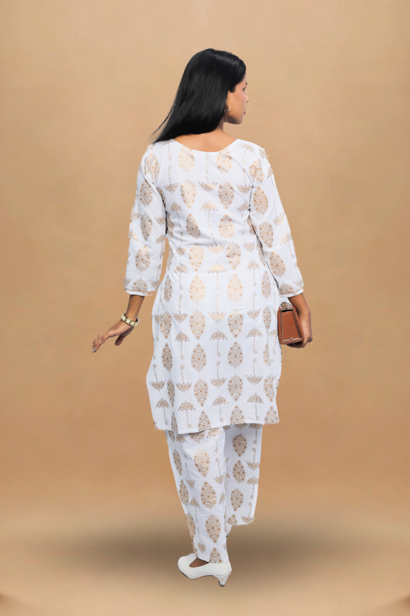 White Cotton Kurta Set | Umbrella Print | 2-Piece Suit Set N Square
