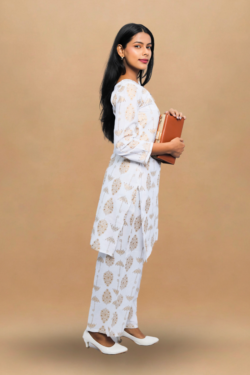 White Cotton Kurta Set | Umbrella Print | 2-Piece Suit Set N Square