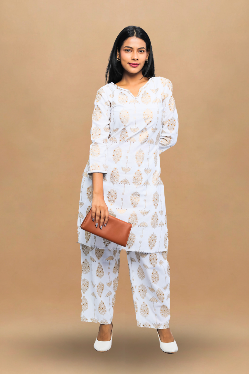 White Cotton Kurta Set | Umbrella Print | 2-Piece Suit Set N Square