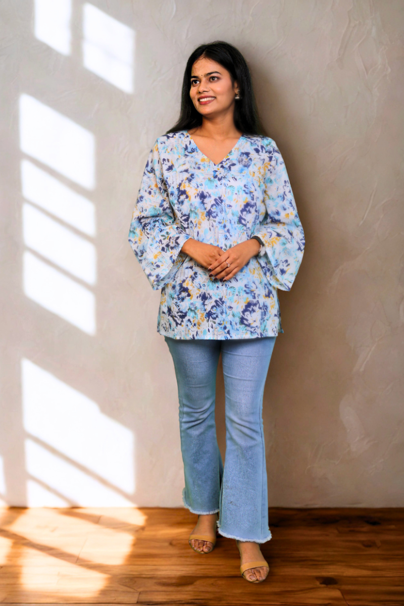 Sky Blue Floral Printed Cotton Top with Bell Sleeves N Square