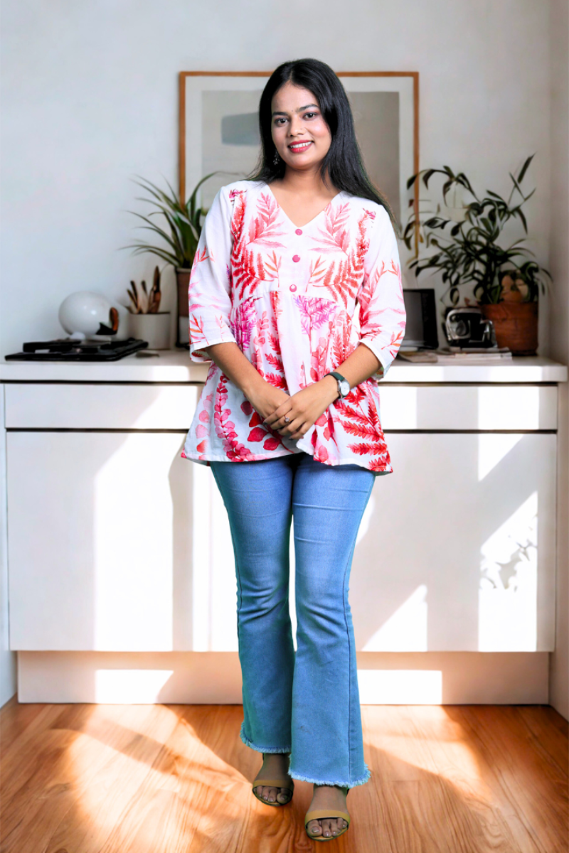 Elegant Pink Floral Printed Kurti Top for Women – Cotton Blend, 3/4 Sleeves N Square