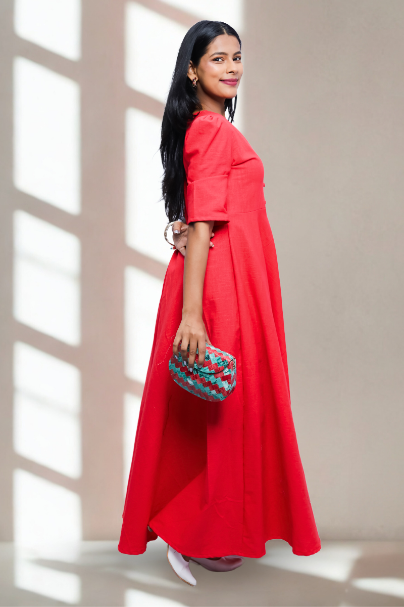 Solid Red Cotton One-Piece Maxi Dress with Button Front & Puff Sleeves N Square