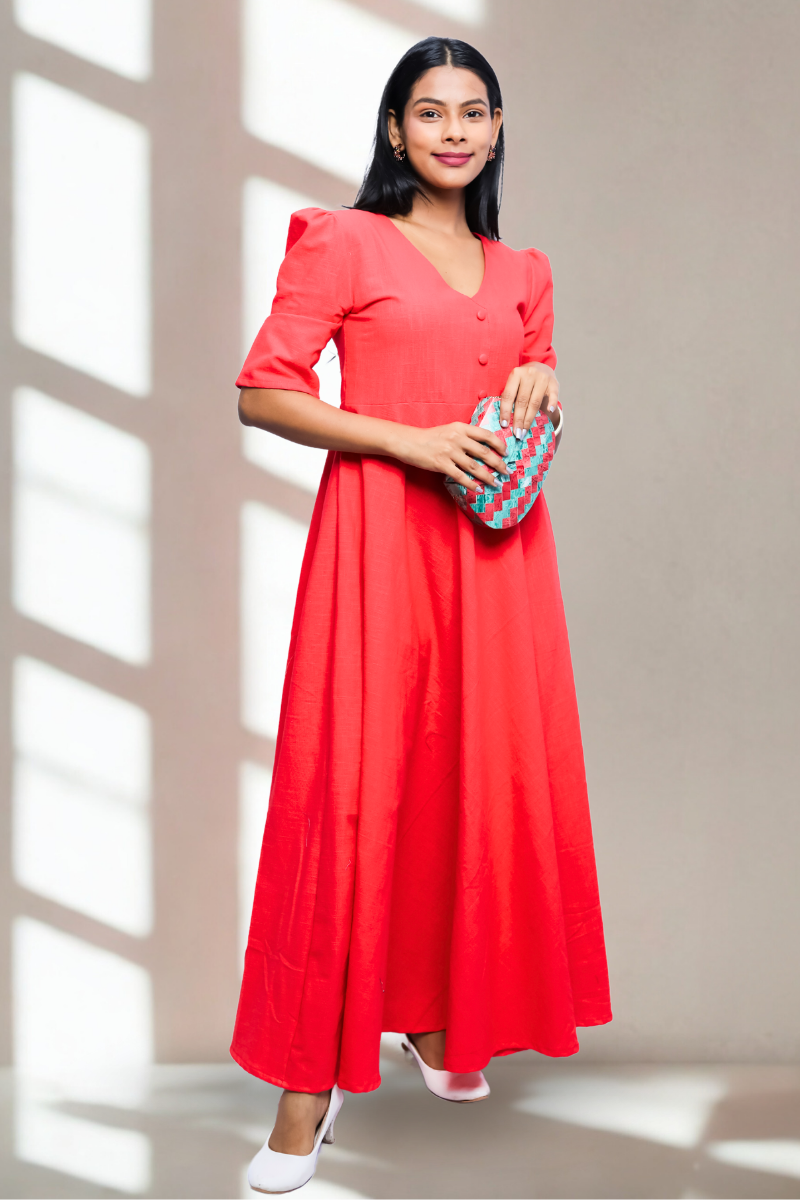 Solid Red Cotton One-Piece Maxi Dress with Button Front & Puff Sleeves N Square