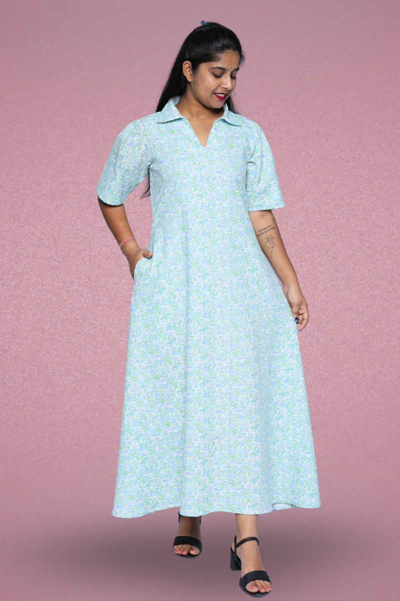 Ice Blue Collared Maxi Dress N Square