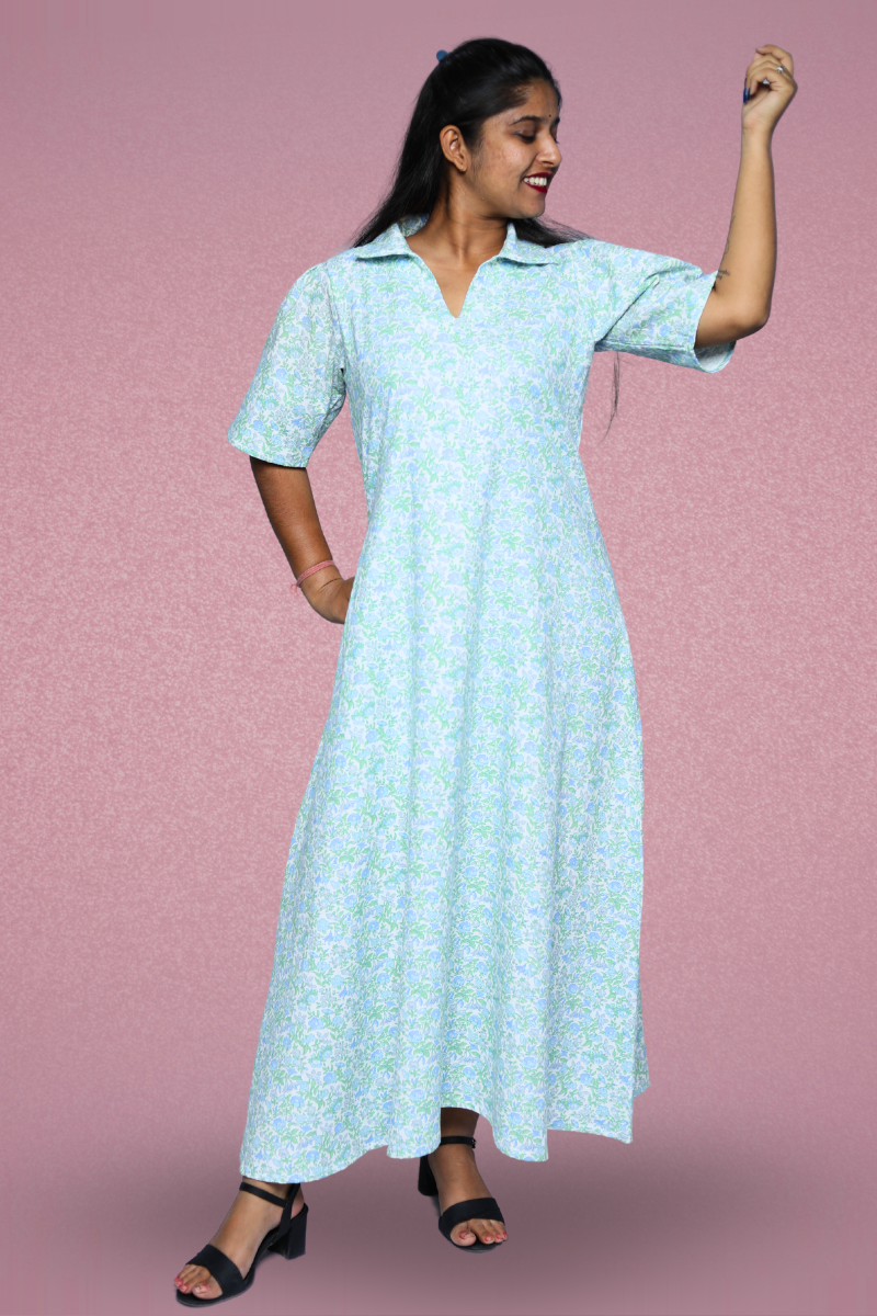 Ice Blue Collared Maxi Dress N Square