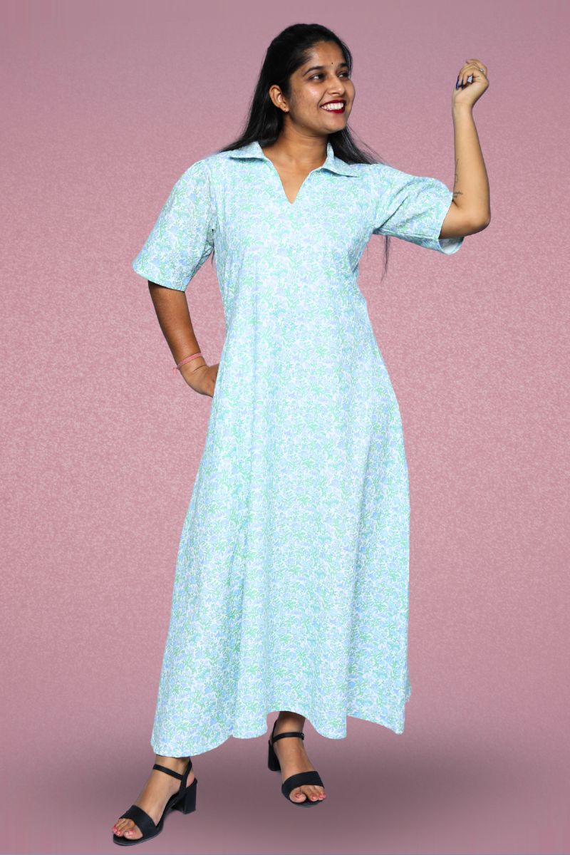 Ice Blue Collared Maxi Dress N Square