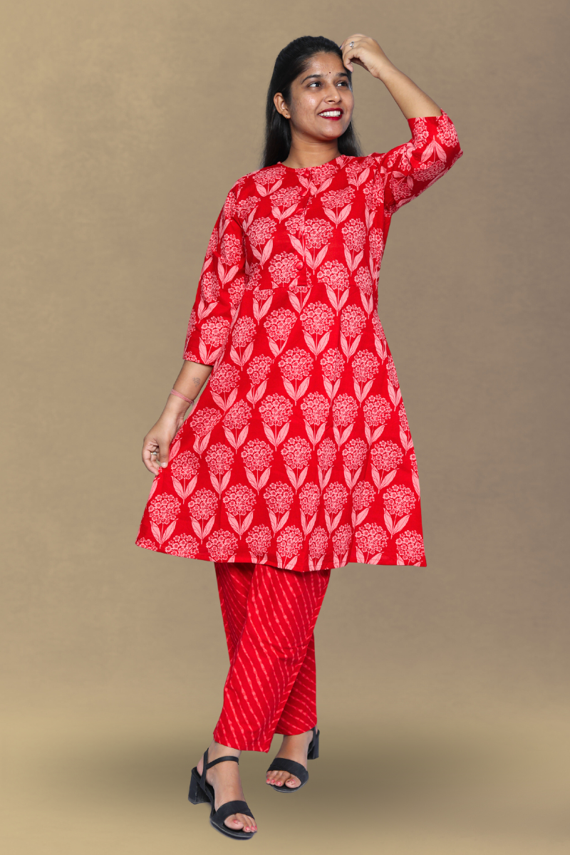 Red Cotton Co-ord Set N Square