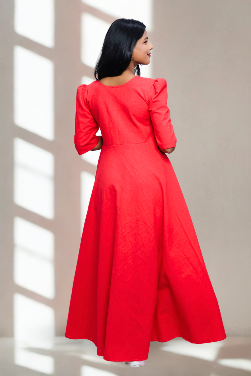 Solid Red Cotton One-Piece Maxi Dress with Button Front & Puff Sleeves N Square