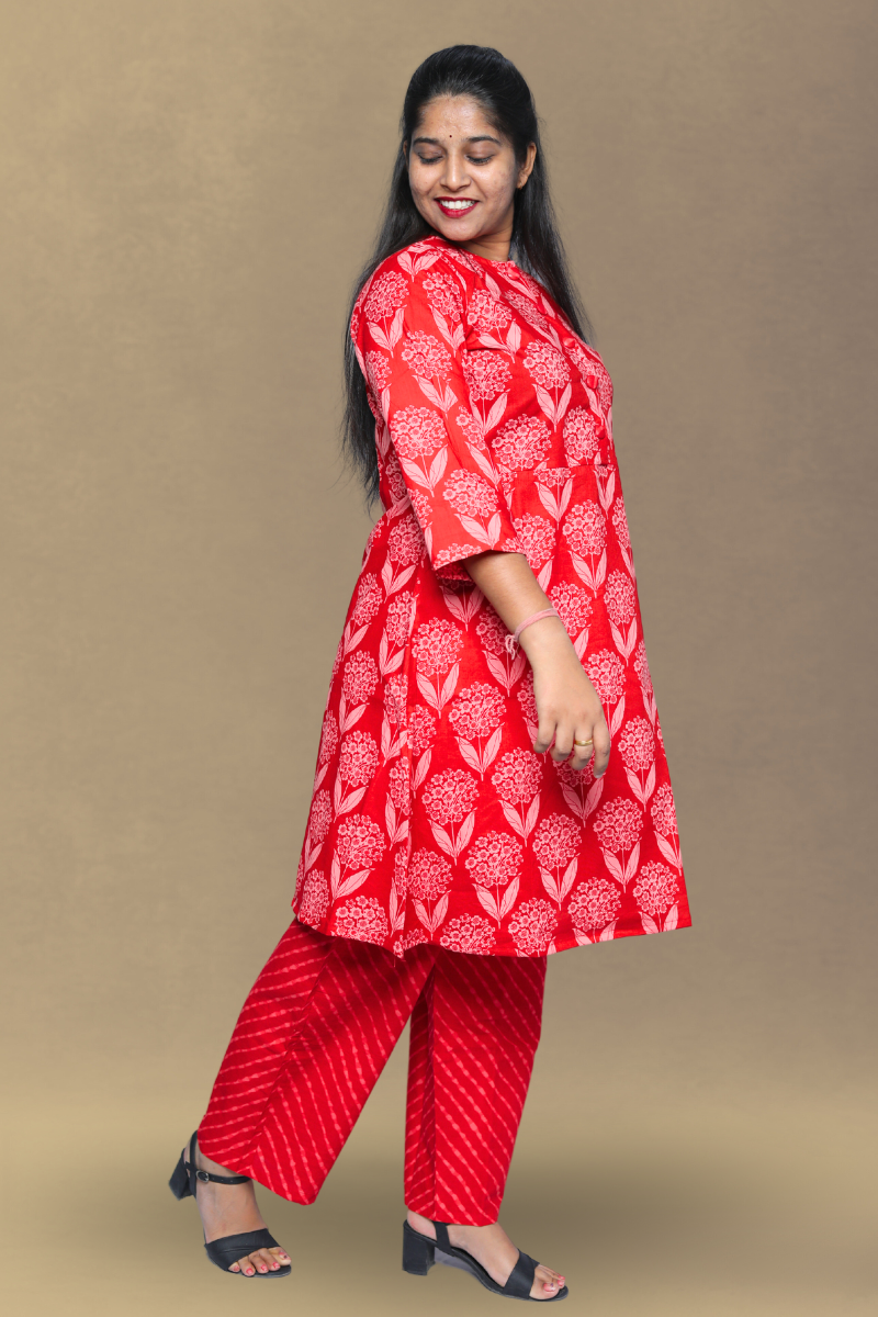Red Cotton Co-ord Set N Square