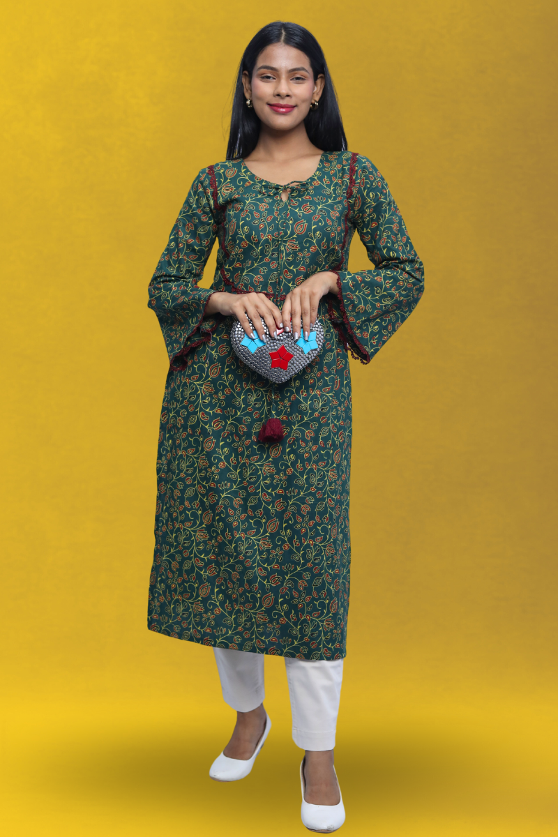 Green Ethnic Printed Cotton Long Kurta with Bell Sleeves N Square