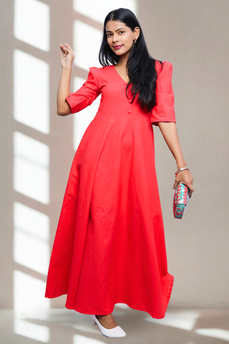 Solid Red Cotton One-Piece Maxi Dress with Button Front & Puff Sleeves N Square