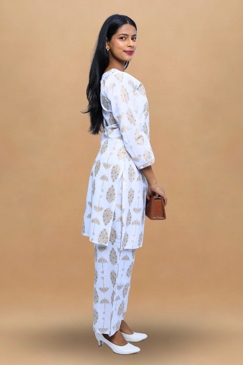 White Cotton Kurta Set | Umbrella Print | 2-Piece Suit Set N Square
