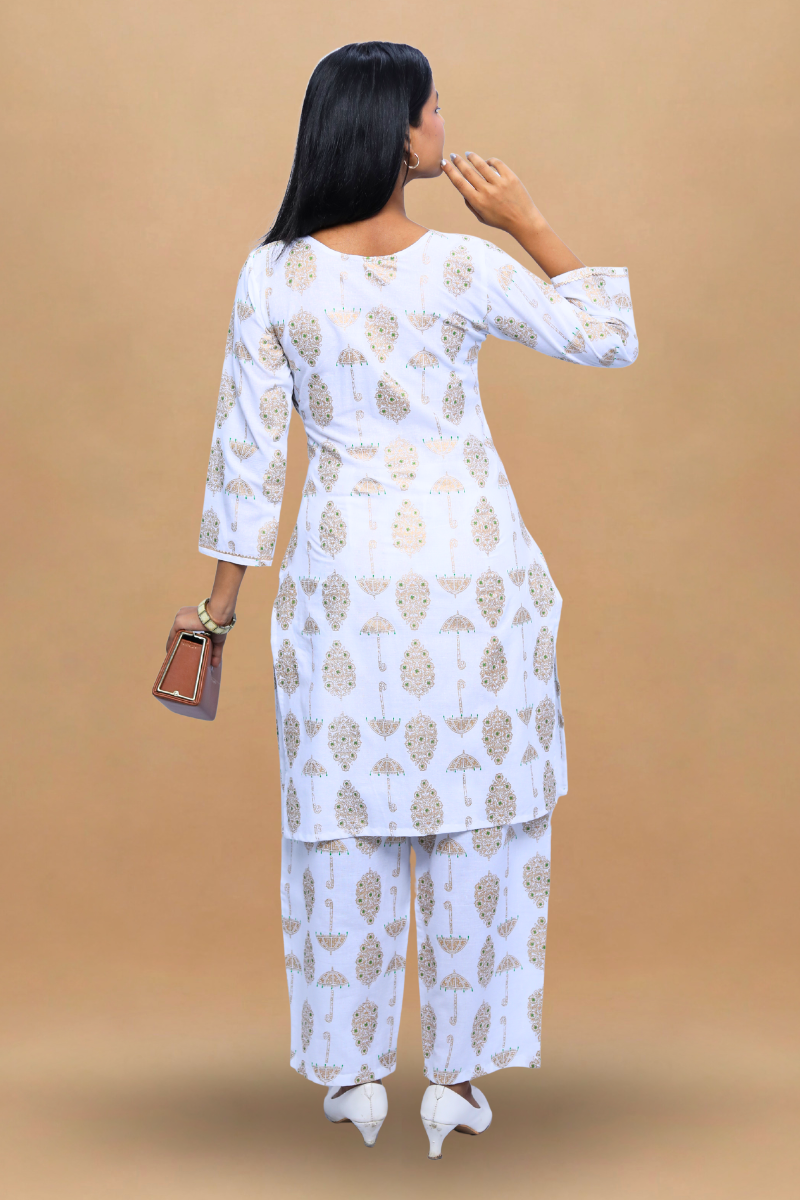 White Cotton Kurta Set | Umbrella Print | 2-Piece Suit Set N Square