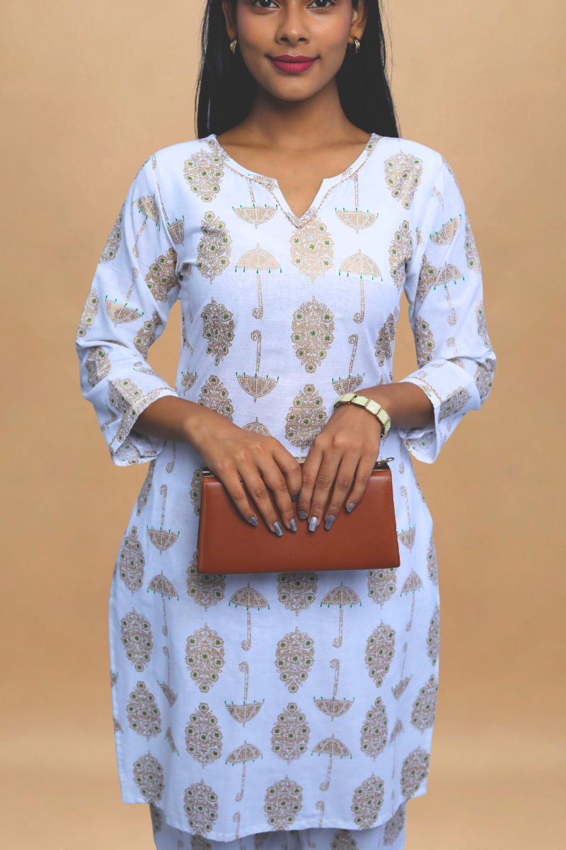 White Cotton Kurta Set | Umbrella Print | 2-Piece Suit Set N Square