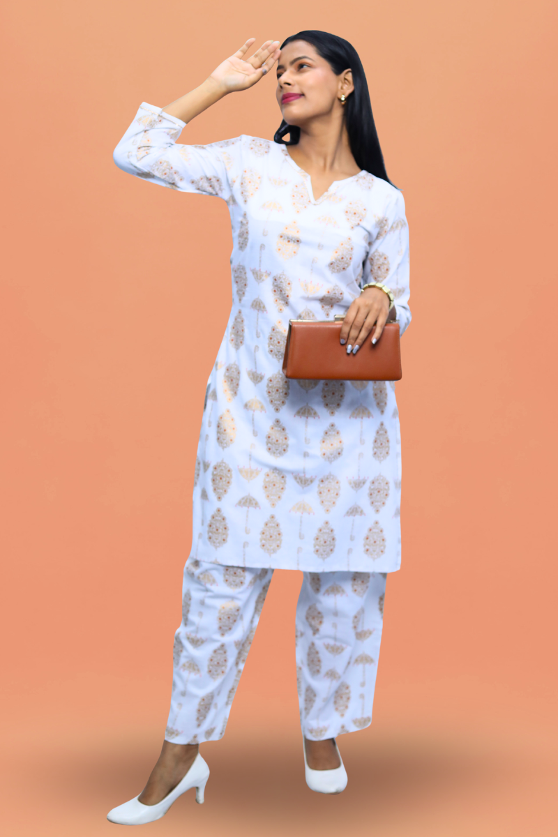White Cotton Kurta Set | Umbrella Print | 2-Piece Suit Set N Square
