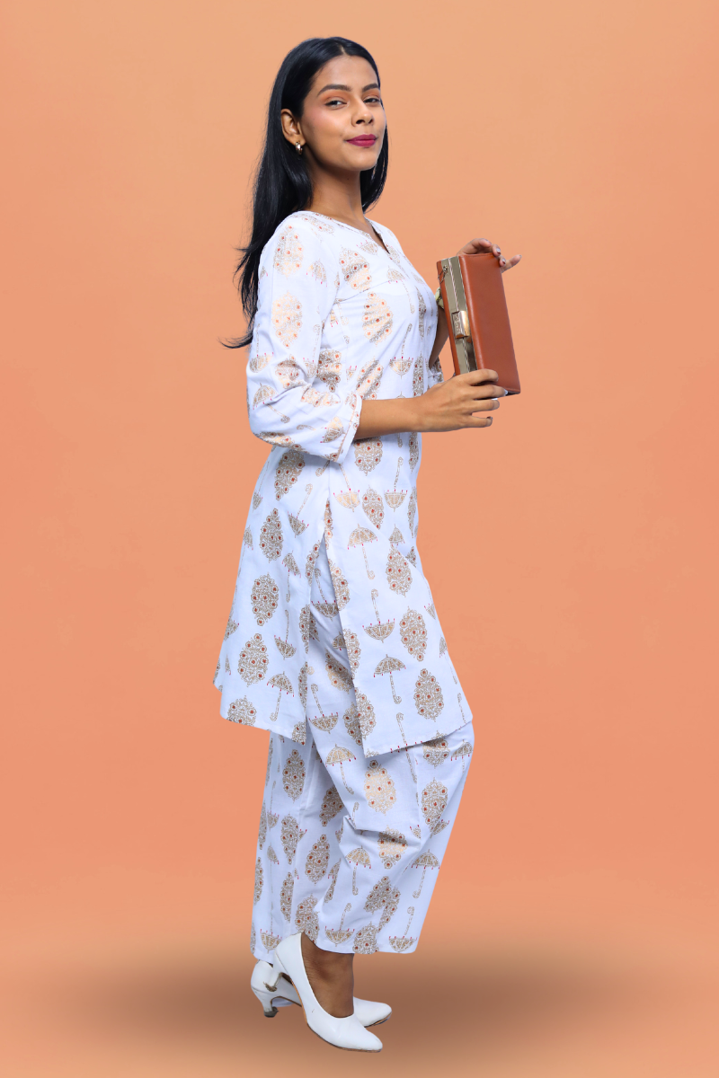 White Cotton Kurta Set | Umbrella Print | 2-Piece Suit Set N Square