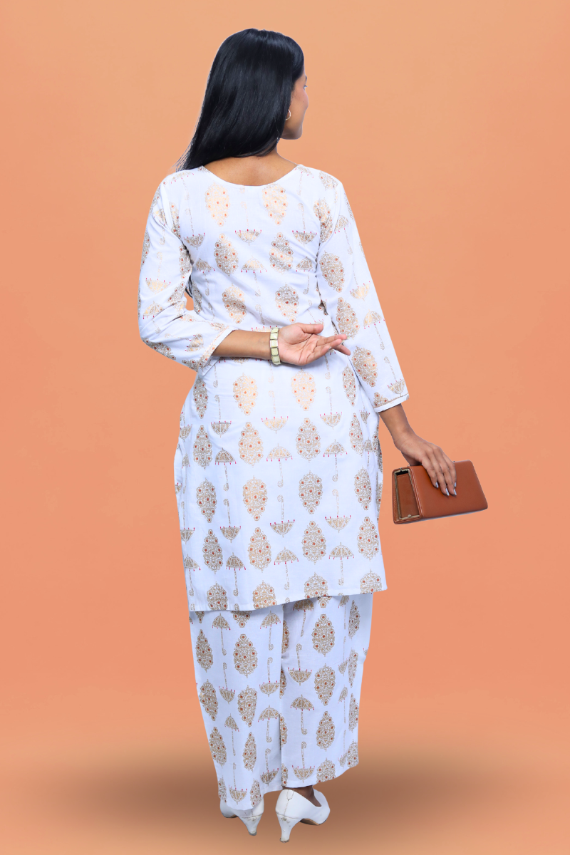 White Cotton Kurta Set | Umbrella Print | 2-Piece Suit Set N Square