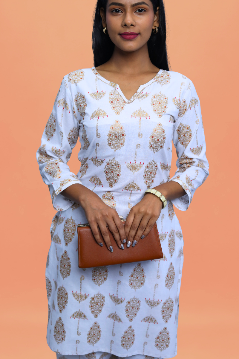 White Cotton Kurta Set | Umbrella Print | 2-Piece Suit Set N Square