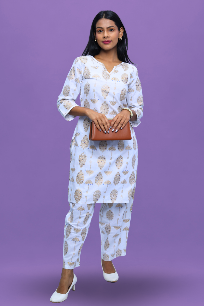 White Cotton Kurta Set | Umbrella Print | 2-Piece Suit Set N Square