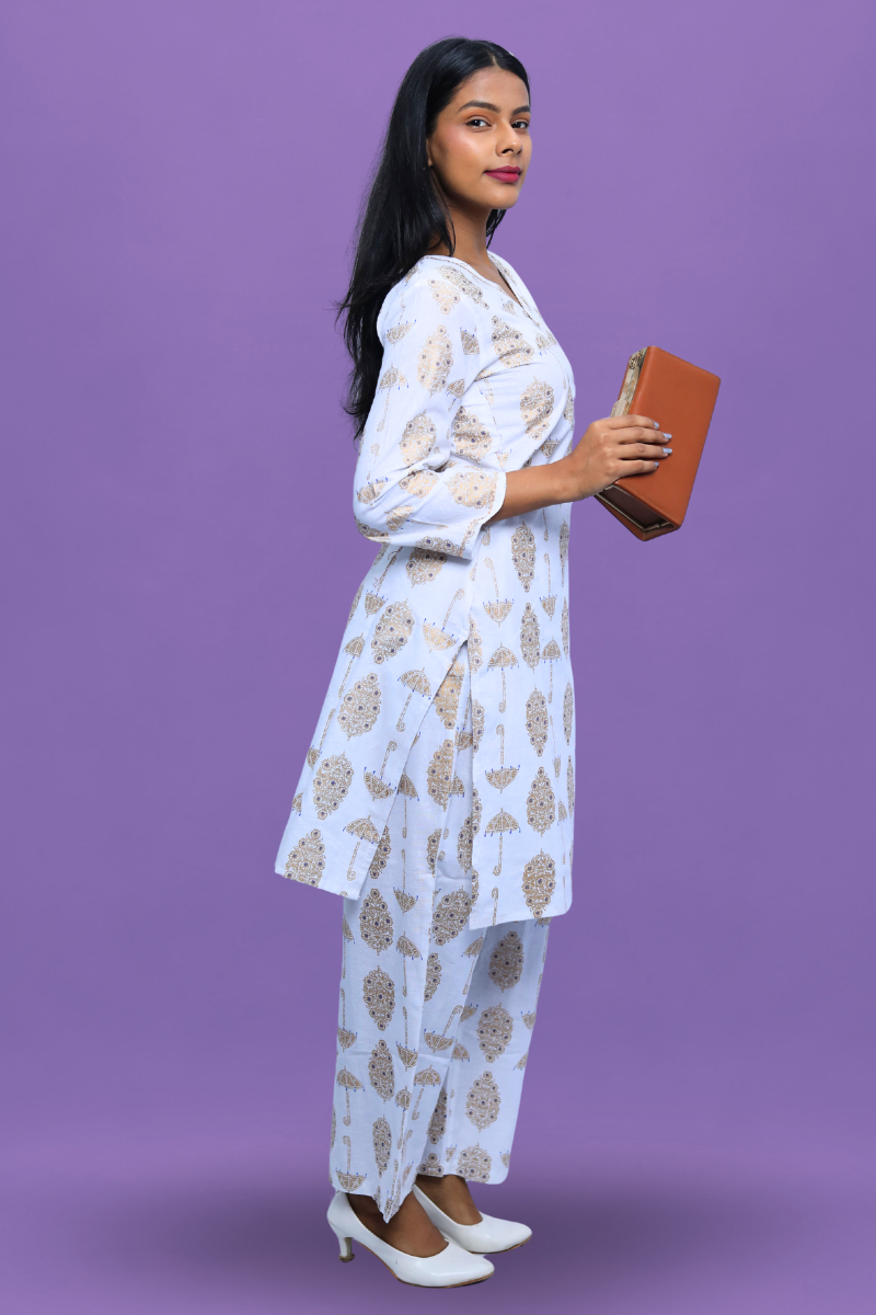 White Cotton Kurta Set | Umbrella Print | 2-Piece Suit Set N Square