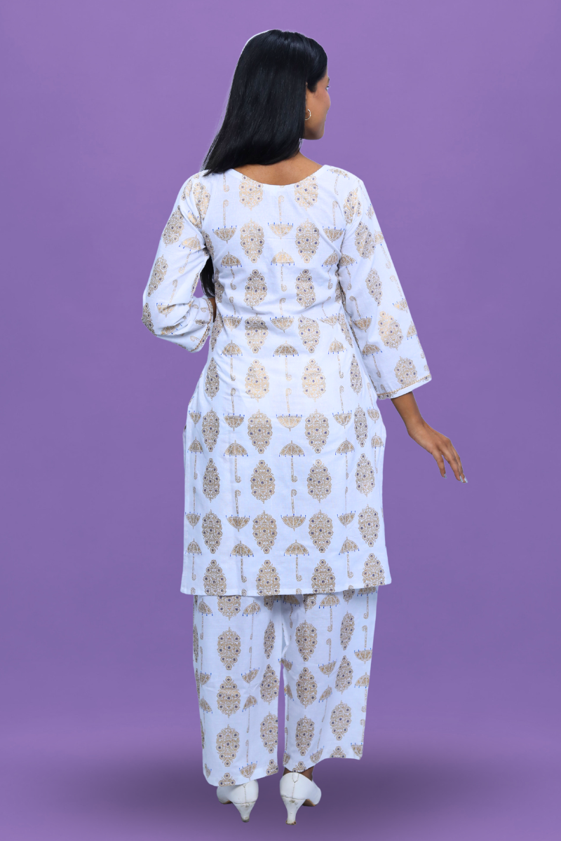 White Cotton Kurta Set | Umbrella Print | 2-Piece Suit Set N Square