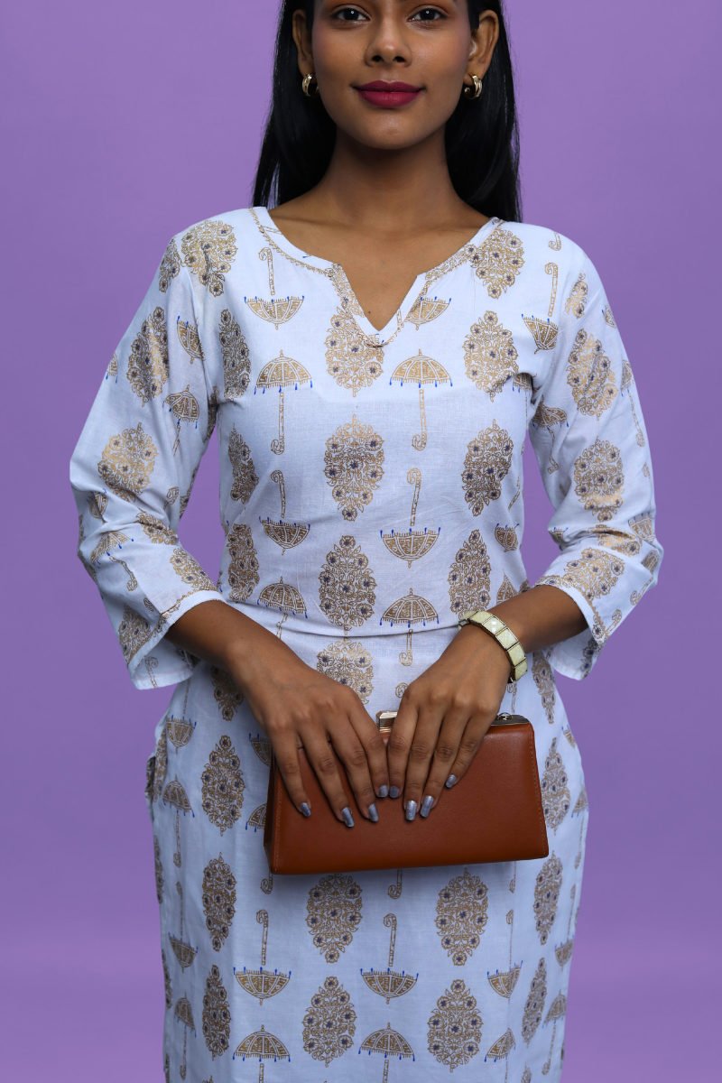 White Cotton Kurta Set | Umbrella Print | 2-Piece Suit Set N Square