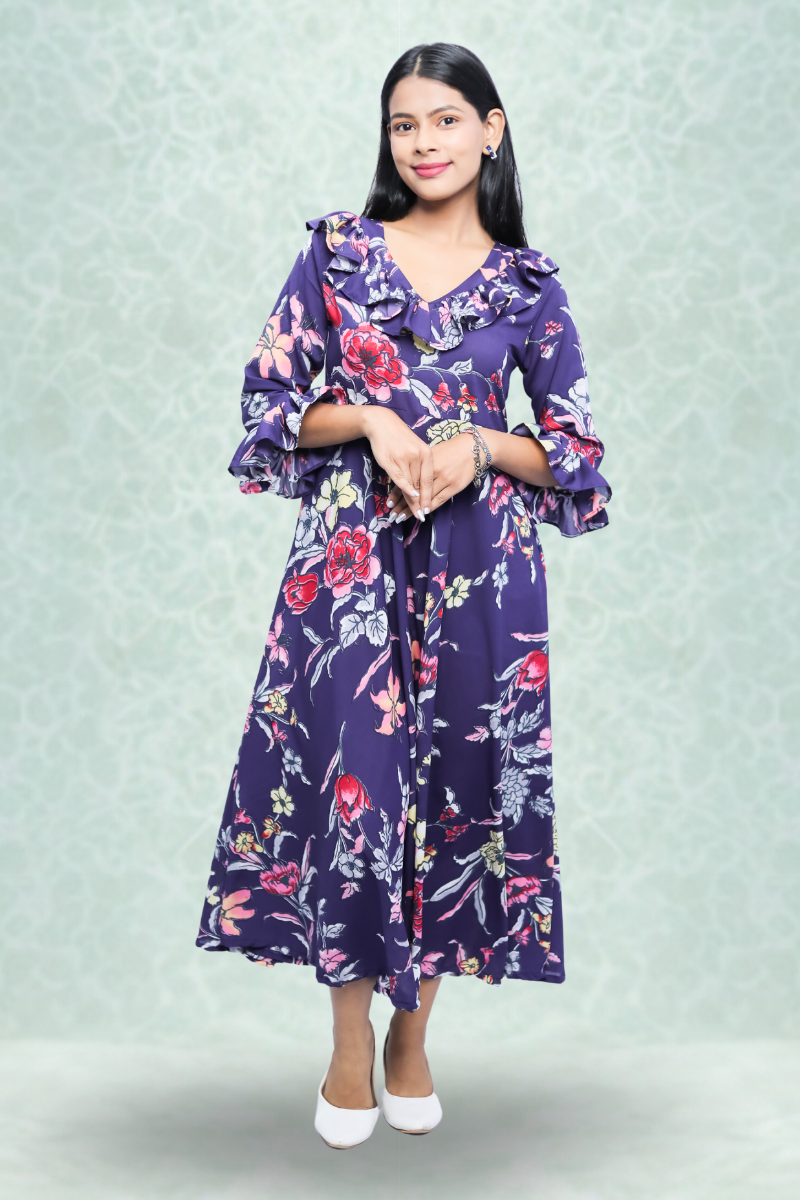 Purple Floral Printed Crepe Midi Dress with Ruffle Neck & Bell Sleeves N Square