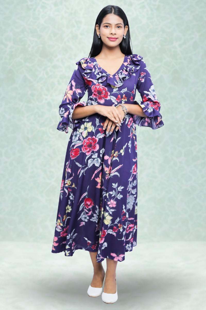 Purple Floral Printed Crepe Midi Dress with Ruffle Neck & Bell Sleeves N Square