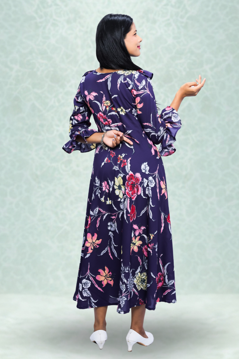 Purple Floral Printed Crepe Midi Dress with Ruffle Neck & Bell Sleeves N Square