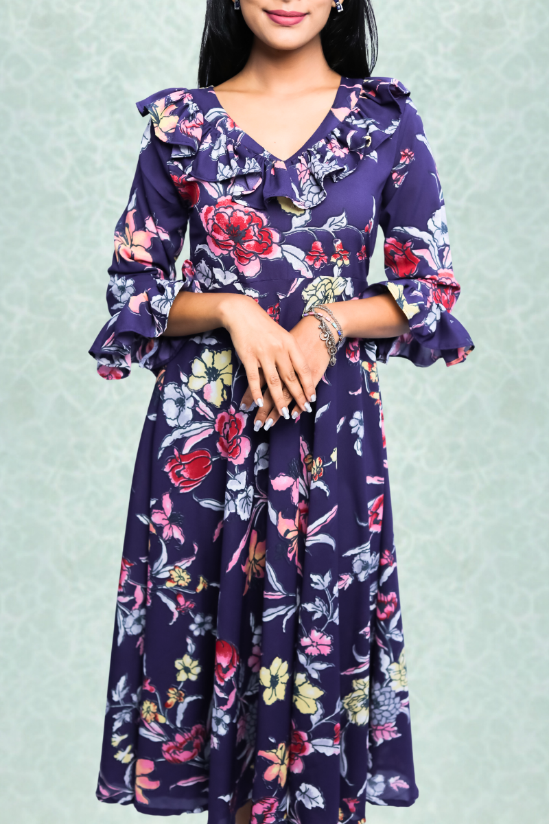 Purple Floral Printed Crepe Midi Dress with Ruffle Neck & Bell Sleeves N Square