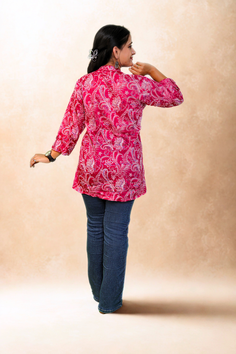 Bright Pink Paisley Cotton Short Kurti N Square
