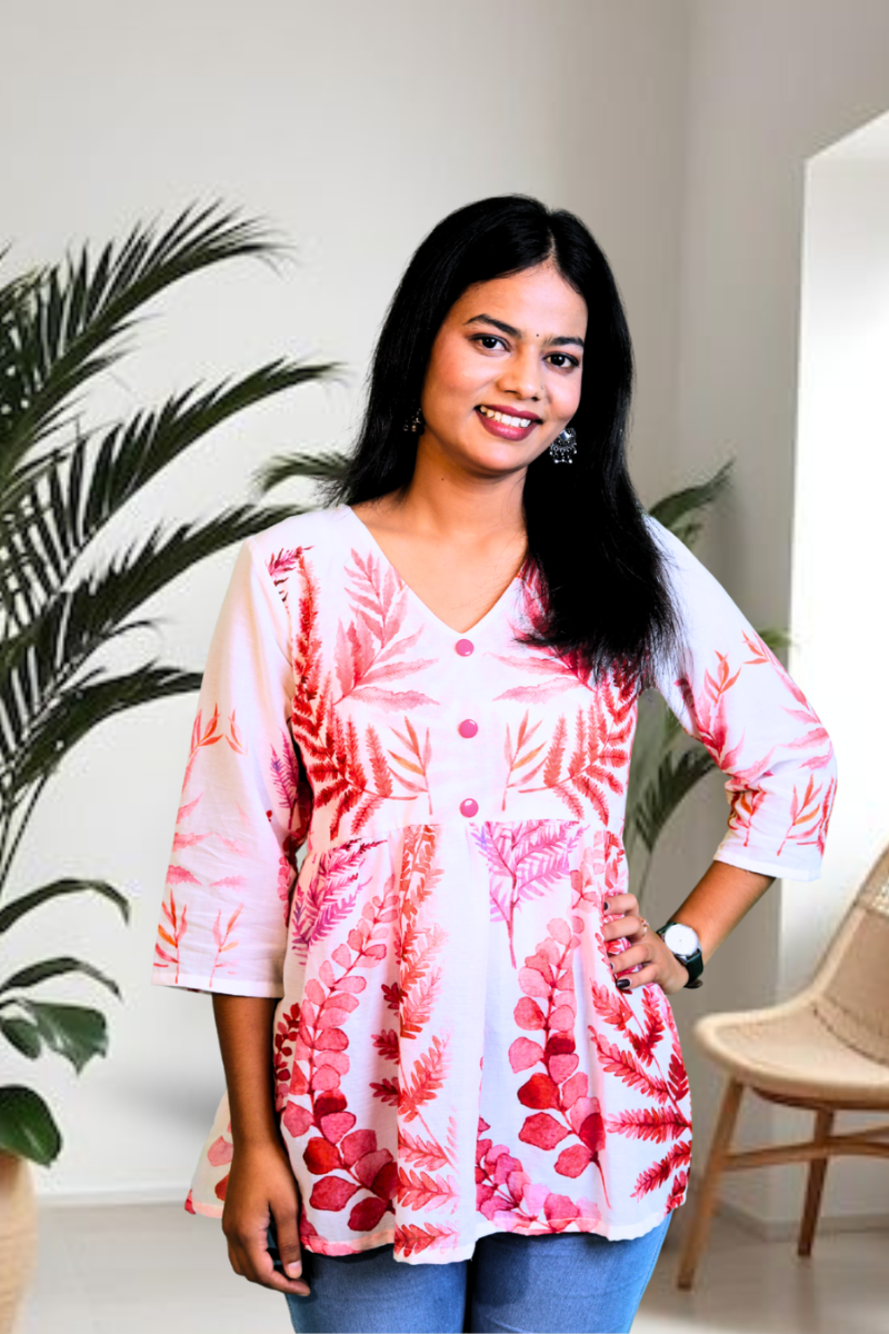 Elegant Pink Floral Printed Kurti Top for Women – Cotton Blend, 3/4 Sleeves N Square