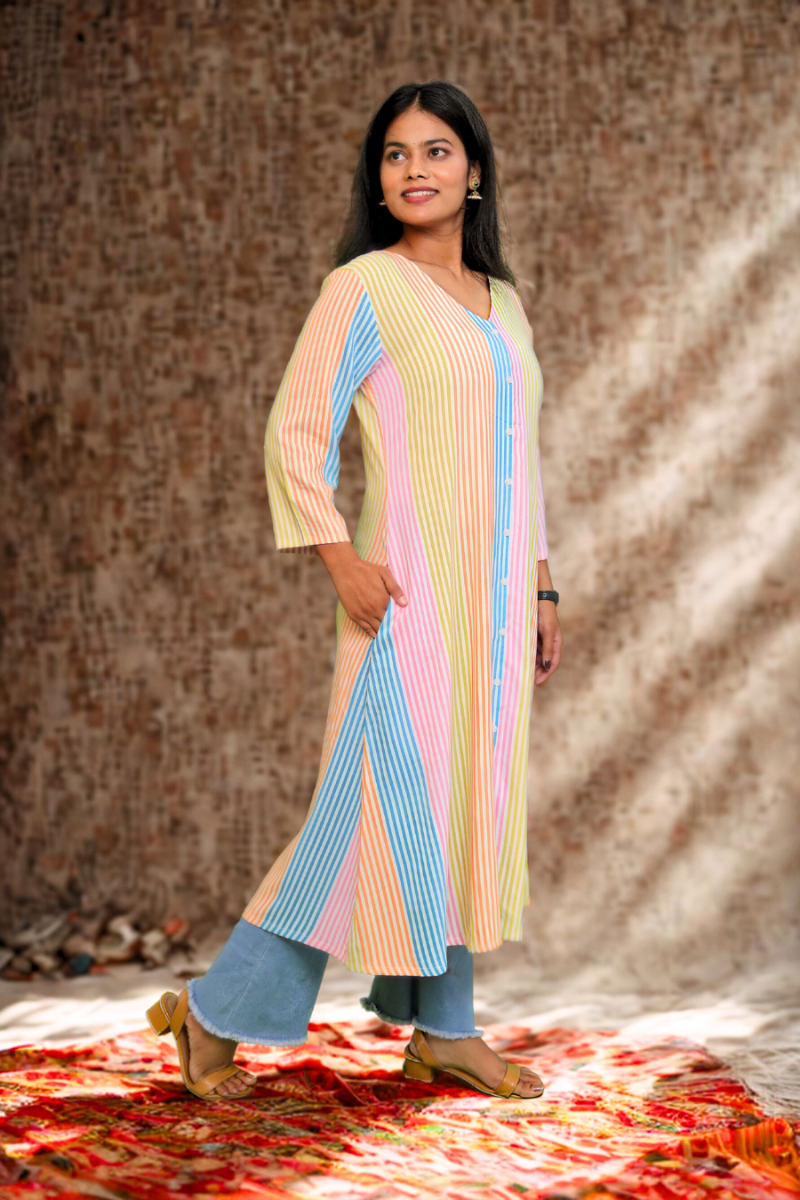 Multicolor Candy Stripe Long Kurti N Square