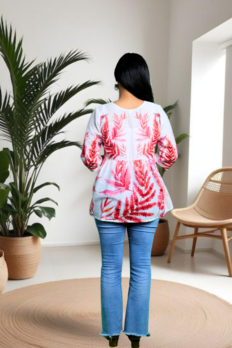 Elegant Pink Floral Printed Kurti Top for Women – Cotton Blend, 3/4 Sleeves N Square
