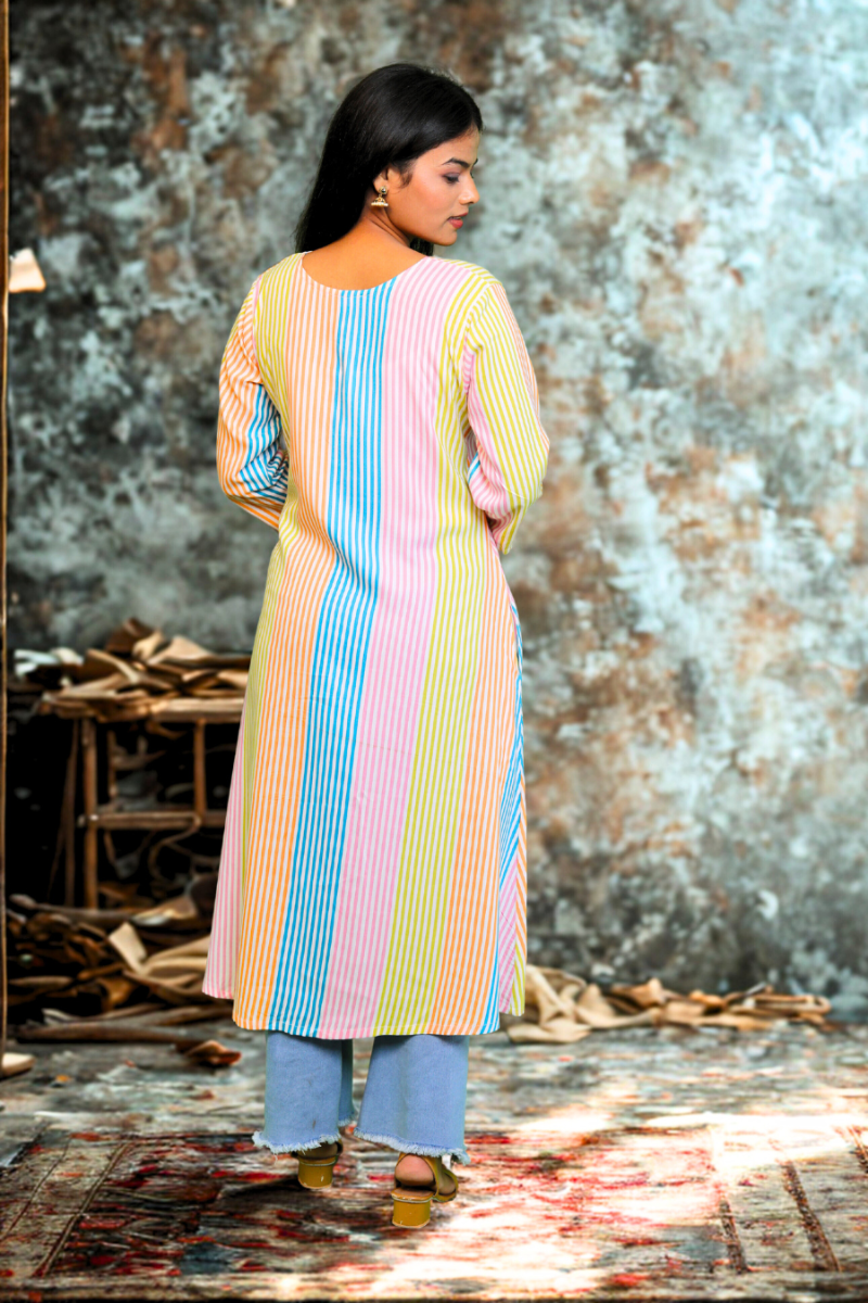 Multicolor Candy Stripe Long Kurti N Square