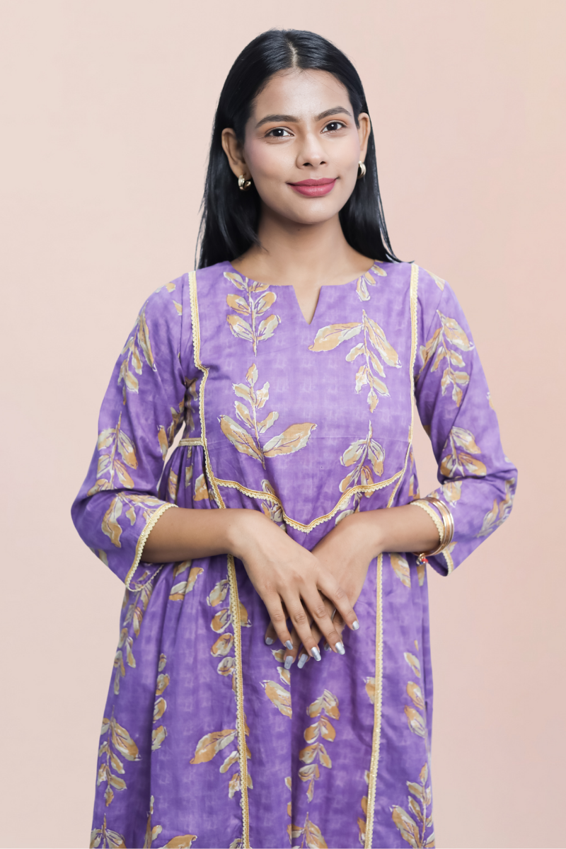 A-Line Cotton Kurta – Purple with Golden | Avaraniya N Square