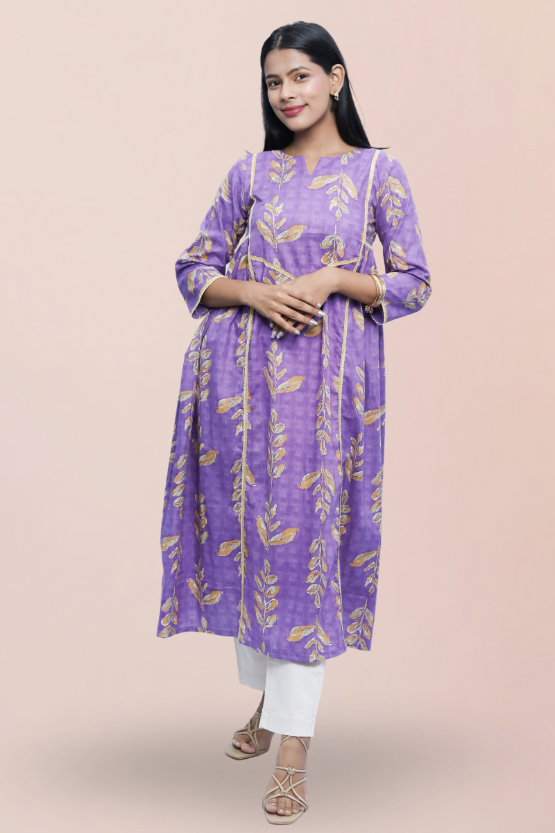 A-Line Cotton Kurta – Purple with Golden | Avaraniya N Square