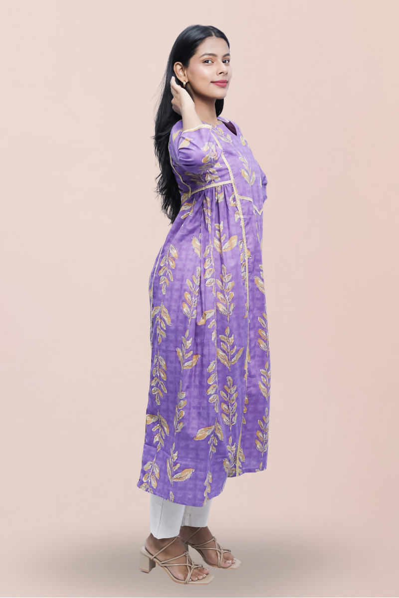 A-Line Cotton Kurta – Purple with Golden | Avaraniya N Square