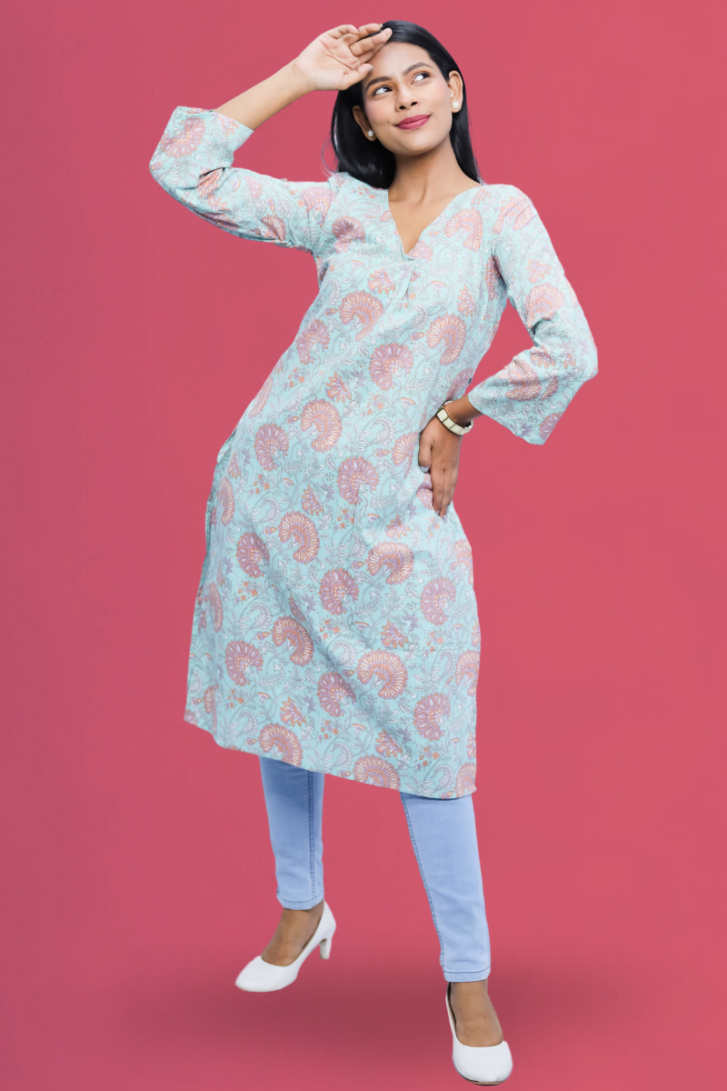 Elegant Skyblue Cotton Straight Printed Long Kurta – Avaraniya N Square