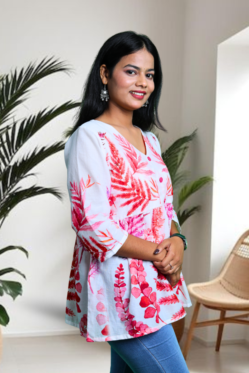 Elegant Pink Floral Printed Kurti Top for Women – Cotton Blend, 3/4 Sleeves N Square