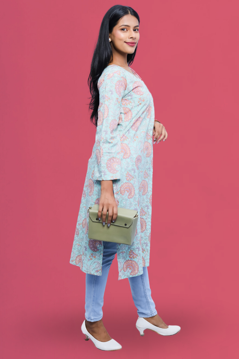 Elegant Skyblue Cotton Straight Printed Long Kurta – Avaraniya N Square