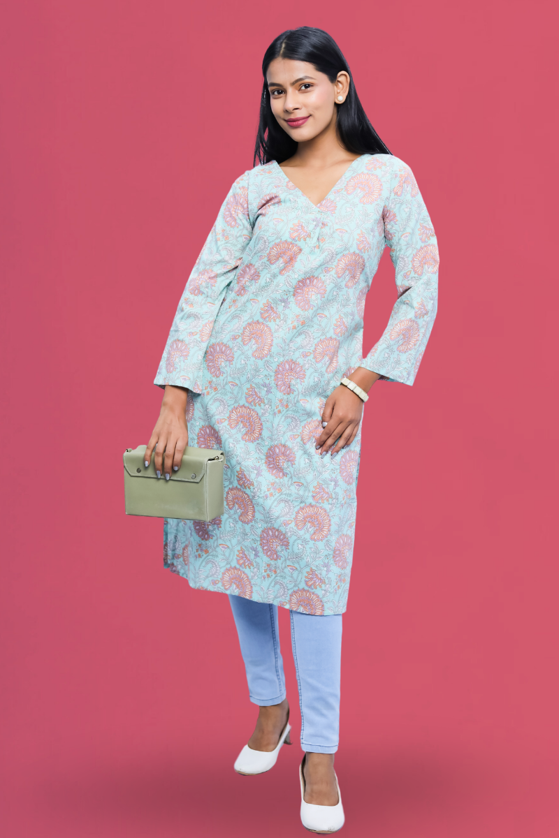 Elegant Skyblue Cotton Straight Printed Long Kurta – Avaraniya N Square