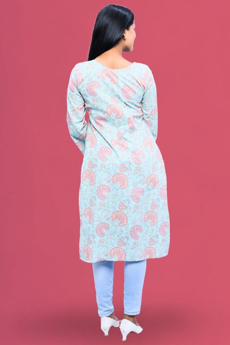 Elegant Skyblue Cotton Straight Printed Long Kurta – Avaraniya N Square