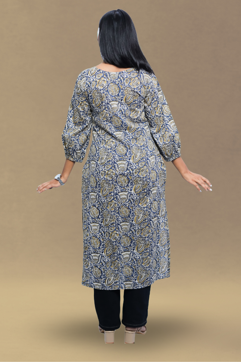 Elegant Blue Cotton Straight Printed Long Kurta – Avaraniya N Square