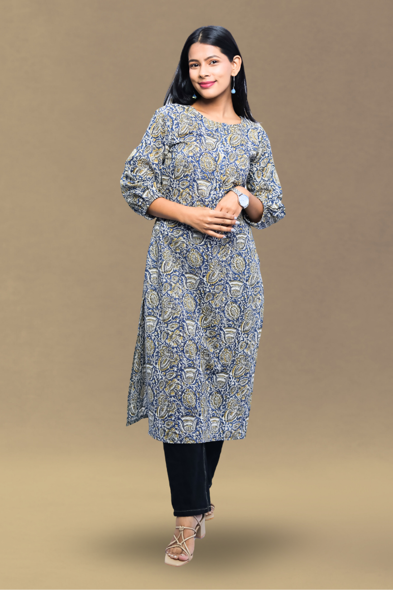 Elegant Blue Cotton Straight Printed Long Kurta – Avaraniya N Square
