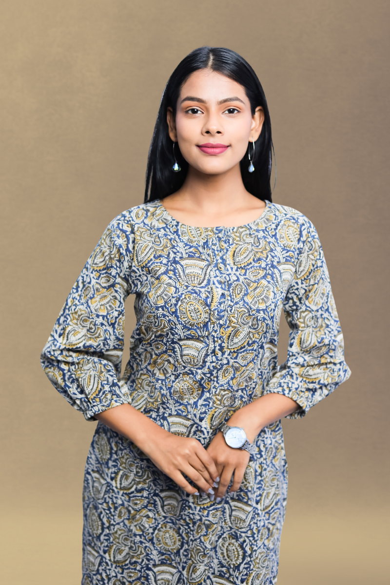 Elegant Blue Cotton Straight Printed Long Kurta – Avaraniya N Square
